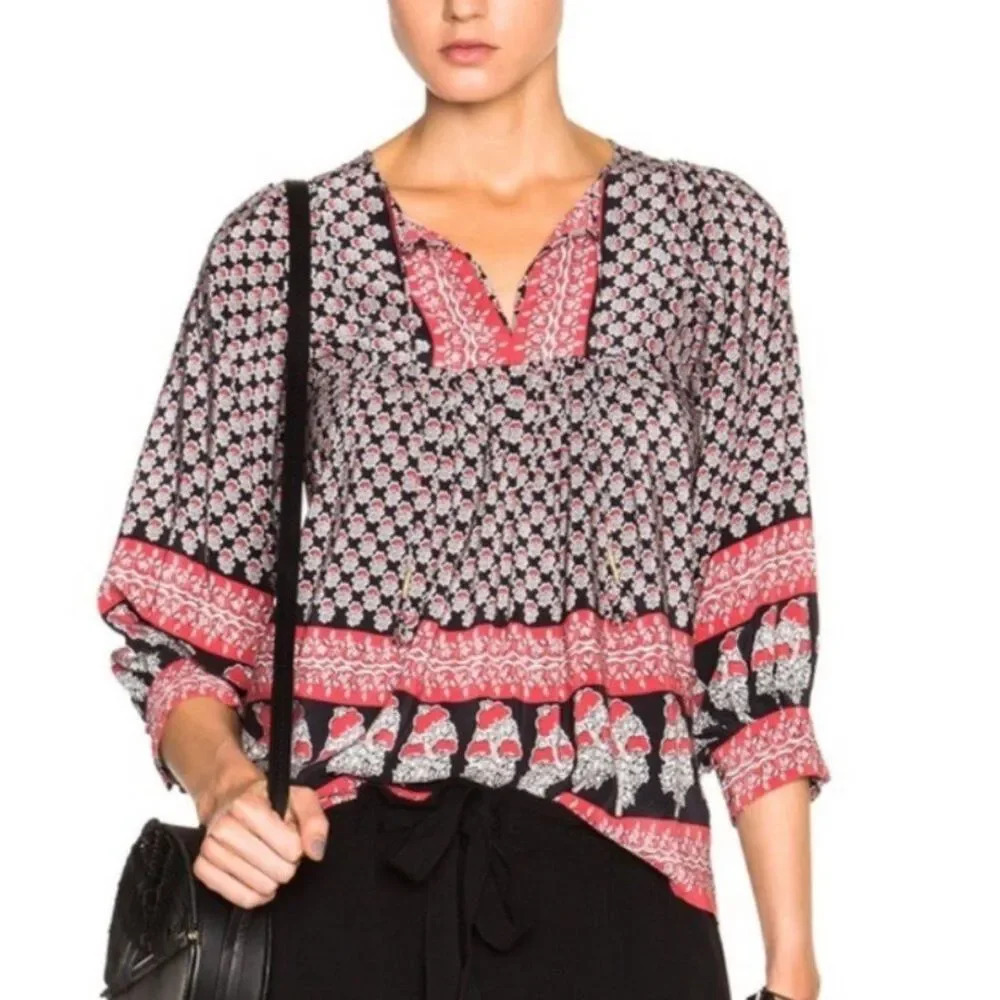 Ulla Johnson Bea Silk Blouse Boho Batik Floral Peasant Top XS